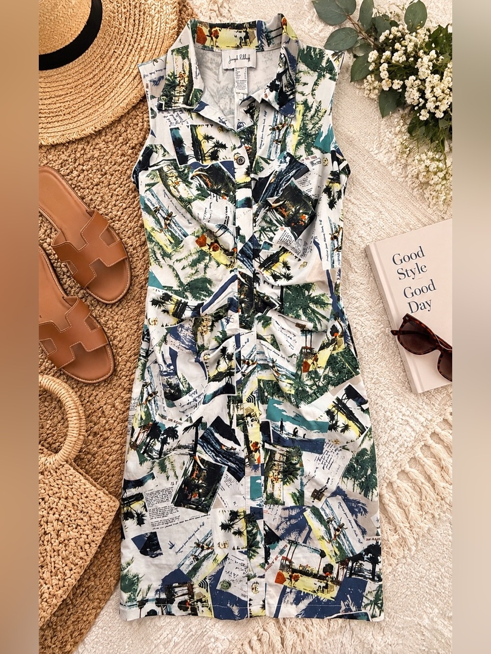 Joseph Ribkoff Vintage Postcard Print Sleeveless Shirt Dress Size 6